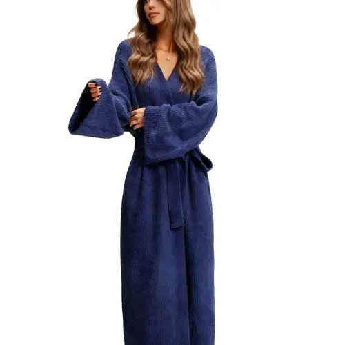Women's Casual Solid Color Thickened Thermal Lined Long Sleeve Drop Shoulder Bathrobe, Loose Soft Comfortable Warm Pocket Belted V Neck Dressing Gown for Women, Ladies Cozy Plush Sleepwear for Winter
