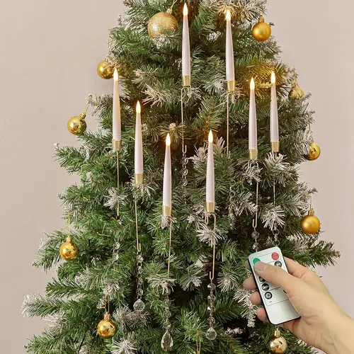 CANDELDO 10-Pack Flameless Taper Candles with Timer, Hanging Crystal Ornaments - LED Mood Light, Party Decoration Supplies for Apartment Christmas Festive Home Decor