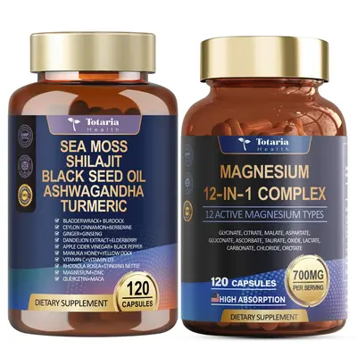 Totaria Ultimate Mineral Boost Duo 12 Form Magnesium Complex and 25 in 1 Sea Moss Ashwagandha Bundle for Total Body Energy and Gut Health