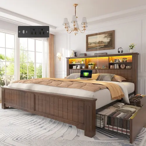 Raybee Luxury King Size Bed Frame with 4 Drawers & Storage Shelves,  LED Bed Frame with Charging Station,  American Bed Frame with Headboard and Metal Slats, Holds 900LBS, Noise-Free, No Nox Spring Needed