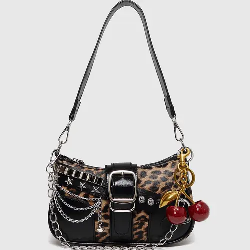 Women's PU Leather Embellished Shoulder Bag, Vintage Leopard Print Colorblock Crescent Clutch, Y2K Style Chain Decorated, Fashionable Shoulder Bag, Fashionable Patterned Bag