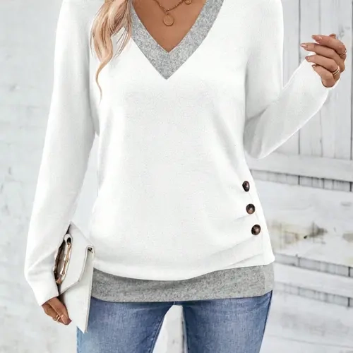 Women's V Neck White Long Sleeve Top, Elegant Loose-fit Woven Fabric, Summer Fashion Tee for Women, Casual Daily Wear