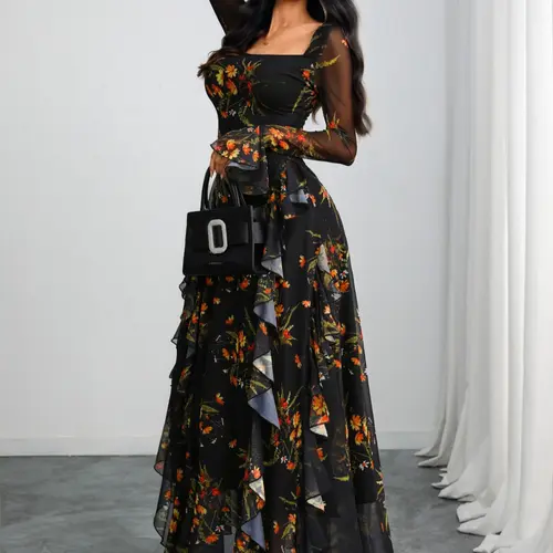 Women's Elegant Fitted Floral Print Long Sleeve Square Neck Dress, Romantic Style Mesh Patchwork Dress, Formal for All Seasons, Evening Dress, Womenswear