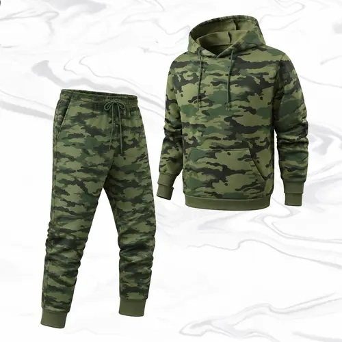 Men's 2-Piece Camouflage Sweatsuit Set - Polyester Knitting Long Sleeve Drawstring Hoodie/Jumper & Loose Fit Jogger Pants, Easy Styling Athletic Activewear, Camo Streetwear