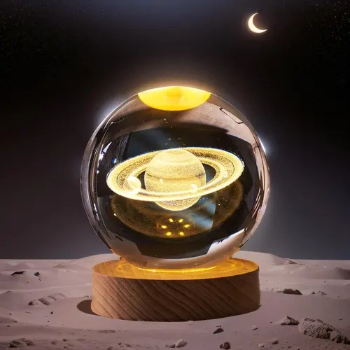 2.4 in (60mm) USB-Powered 3D Saturn Glow Soft LED Crystal Ball Lamp - Solid Wood Base, DIY Paint Base, Glass Sphere Figurine Paperweight, No Batteries, 3D Novelty Lighting, Attract Positive Energy, Bedroom Decor Gift