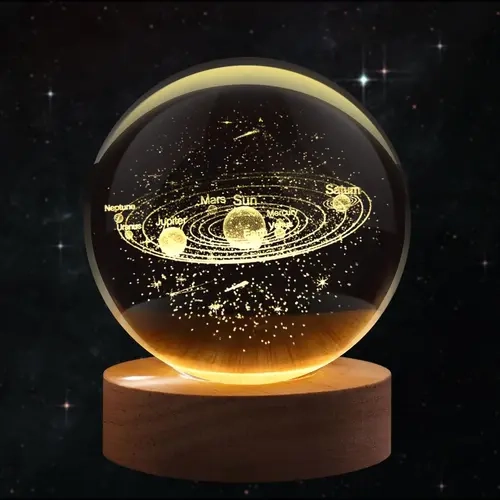 2.4 in 3D Solar System Space Crystal Ball LED Night Light with Saturn - USB Easy Power, Dimmable Glass Lamp, Solid Wood Base, Included Bulb, Gift-Ready Cosmic Accent, Celestial Home Decor for Gift Lovers