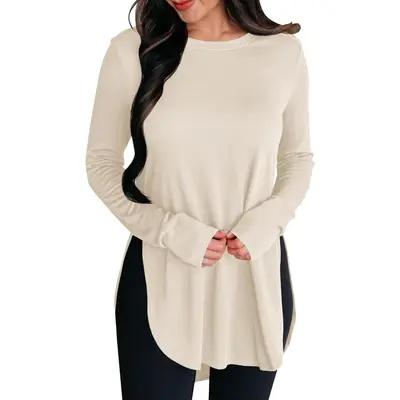 Yousify Women's Long Sleeve Casual Chic Blouses - Crew Neck, Side Split, Hi-Low Hem, Loose Minimalist Elegant Shirts for Leggings, Fall All Over Print Stylish Tops