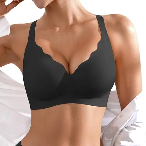 odn. Seamless Wireless Jelly Bra for Women Nylon Spandex Wire-Free Fabric Breathable Everyday Fitted Light Push Up No Underwire Strip Support Scalloped Deep V Bralette Adjustable Womenswear Full Coverage Jelly Bras Set Comfort Fit Right