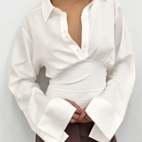 Women's Elegant Basic Casual Button Up Long Sleeve Button Front Shirt Blouse, Buttoned Collared, Fitted Waist Design, Spring & Fall Fashion, Moderate Fabric Thickness Knit, Womenswear Tops, Casual Business Top