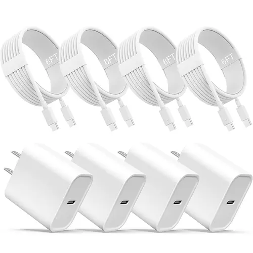RXVNPXI 2-Pack 20W PD 3.0 Wall Charger Set with 4x6FT Cables, Fast-Charging Type-C Blocks for Mobile Smartphone, Cellphone & Electronic Devices (iPhone 18-15 Pro Max Plus, iPad, Samsung Galaxy, Pixel)