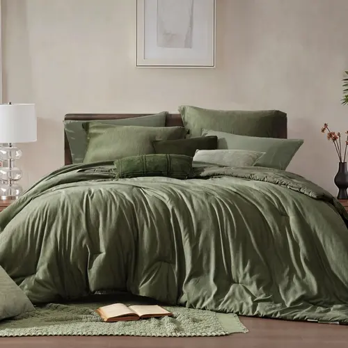 【Deals For You Days】Monbix Queen Comforter Set - 7 Pieces Cationic Dyeing Olive Green Bed in a Bag Comforter Sets with Double Sided Storage Pockets, Sheets, Pillowcases & Shams, microfiber,Reversible Bedding Comforters Sets