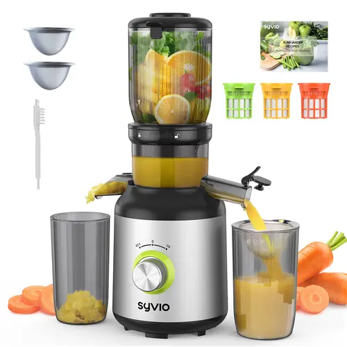 Ganiza 350W Cold Press Whole Fruit Juicer - 64 RPM Slow Masticating Kitchen Appliances, 3 Detachable Filters, Large Feed Chute, Easy Clean, BPA-Free Countertop Juicer for Vegetable, Fruit, Watermelon, Tomatoes, Ideal Christmas Gift (Silver)