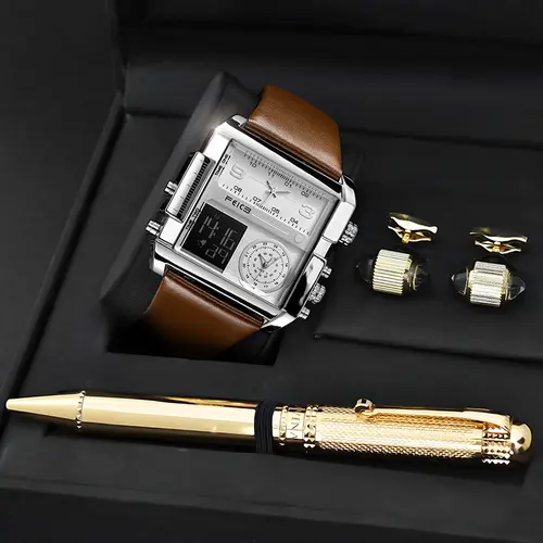 FEICE Men's 50mm Oversized Square-Dial Triple-Movement Watch — Digital Quartz Display, Water-Resistant, Luminous, Calfskin Leather Strap and Silver Dial. Ideal for Outdoor Activities and Everyday Wear, Perfect as a Birthday Gift for Men.