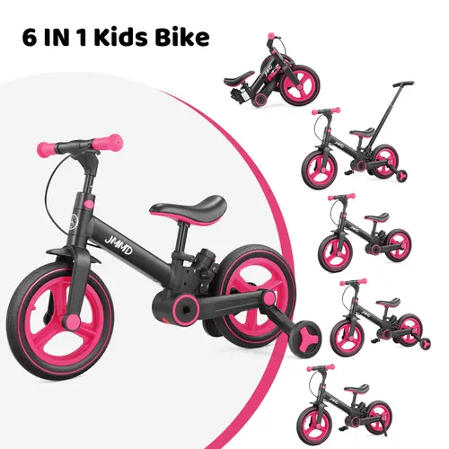 JMMD 6-in-1 Multifunction Convertible Children's Bicycle - Durable Toddler Kids Toy for 18-60 Months Boys & Girls, Adjustable Seat, Push Handle, Pedals, Training Wheels, Brakes, Kickstand, Steel Frame, All-Terrain Rubber Wheels, Outdoor Riding Gift