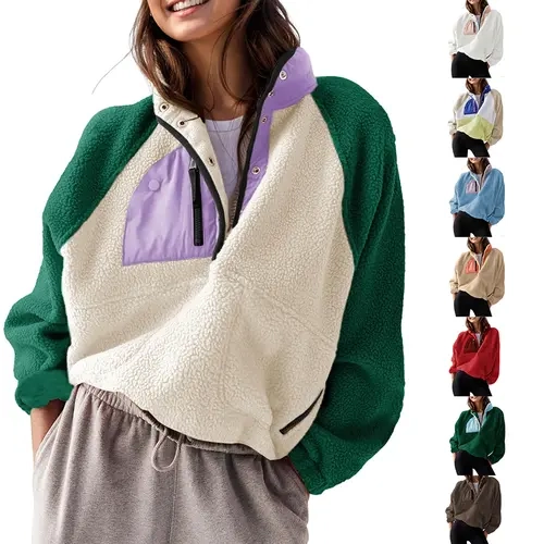 Buenoble Womens Fuzzy Fleece Pullover Sherpa Sweatshirt Long Sleeve Button Down Sweater Winter Fleece Jacket with Pockets
