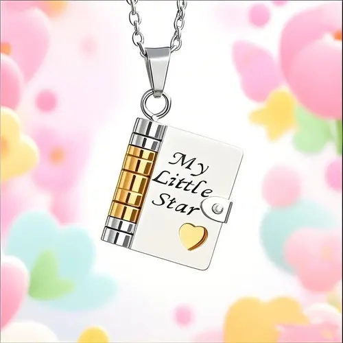 Stainless Steel Hypoallergenic Multi-Page Book Locket Necklace - Laser-Engraved Flip Book Design Pendant, Rustproof Shine, Dainty Female Jewelry, My Little Star Keepsake for Daughter, Birthday Gift, Fall Sale