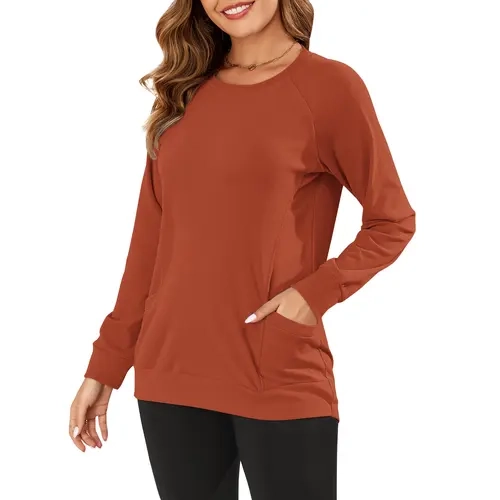 AUSELILY Women's Long-Sleeve Lightweight Sweatshirt with Side Pockets Womenswear Tops Extra Length Pullover