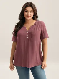 BLOOMCHIC Women's Plus-Size Minimalist Short-Sleeve Blouse [M-6X] - Split V-Neck, Button-Detailed, Pocketed Lady Top, 2026 Summer Casual Basic, Mother's Day Pick,summerwins,Summer wins,Deals for you days,summeroutfits,vacationoutfits,beachoutfits