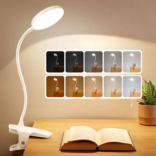 36 LED Desk Lamp with Adjustable Clip-On Clamp Design, 3600mAh Rechargeable Battery, 5 Brightness Levels, 5 Color Modes, 400LM, Cordless, Bulb Included, Bases & Shades for Bedroom, Book Nook Reading