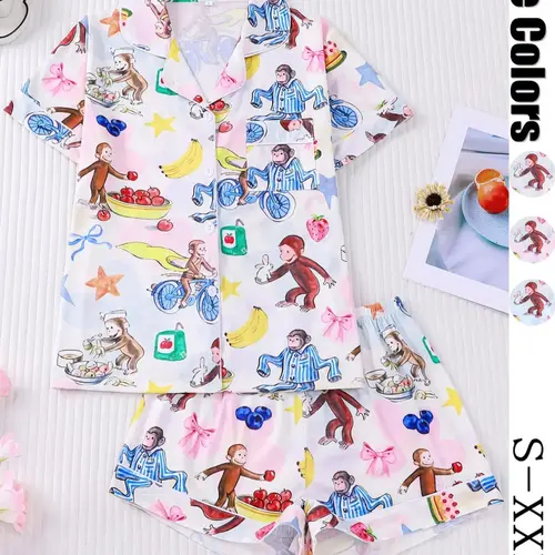 Women's 2-Piece Cartoon Print Pajama Set, Short Sleeve Button-Down Top & Elastic Waist Shorts, Casual Sleepwear for All Seasons