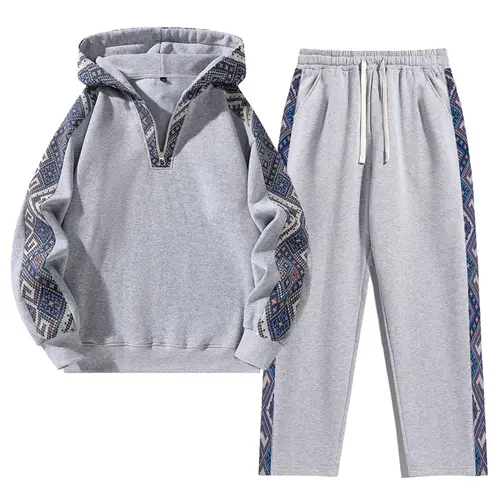 Men's Two-Piece Sport Set, Ethnic Pattern Hoodie & Straight Leg Pants, Casual Style, Soft Fabric, Fall & Winter Wear, Sweatsuit Set Outfit