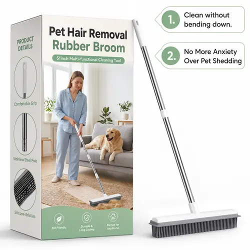 Pet Hair Removal Rubber Broom with Stainless Steel Handle - Deshedding Tool, Multi-Debris Pick-Up Broom, Rubber Head Grips Hair, Compact Body Tucks Away Neatly for Carpet & Floor Cleaning, Household Essentials, Cleaning Tools You Need