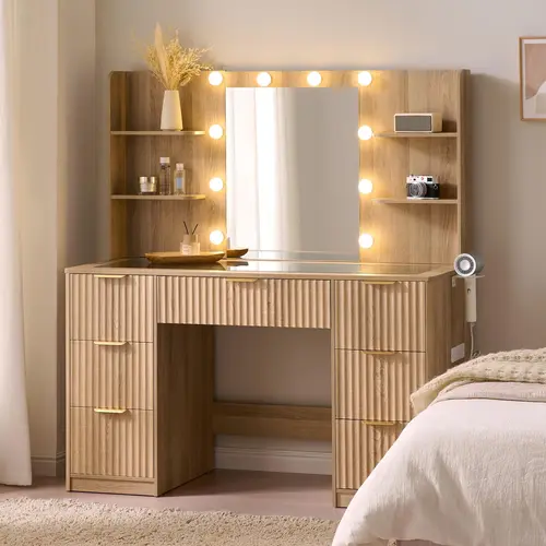 VanAcc 36.2/45/47.2" Fluted Vanity Desk with Mirror and Adjustable LED Lights, Large 4/7 Drawers Makeup Table with Glass Top and Charging Station for Women and Girls, Bedroom or Dorm#TikTokShopFallDealsForYou
