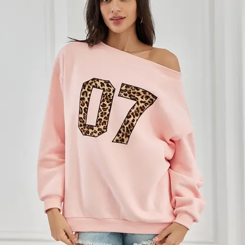 Womens Off shoulder Long Sleeve Sweatshirt Oversized Number Pattern Fleece lined Pullover Top Fallfreshness Casual Football