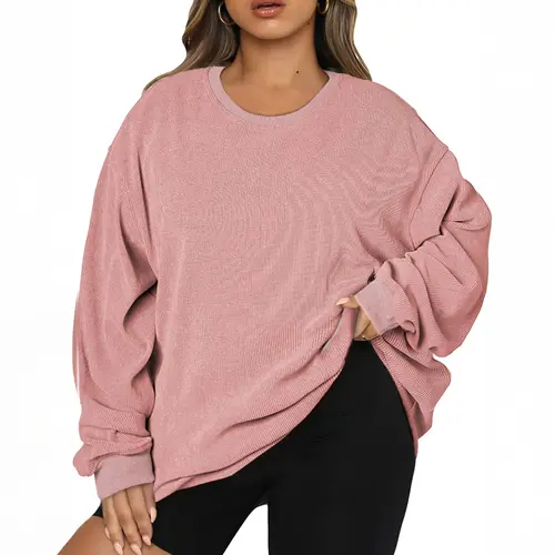 Aleumdr Lady's Plus Size Oversized Corduroy Polyester Crewneck Longsleeves Sweatshirt - Casual, Lightweight, Baggy Basics Pullover, Tops for Women, Plus Size Women's Clothing, Sports & Outdoor Top