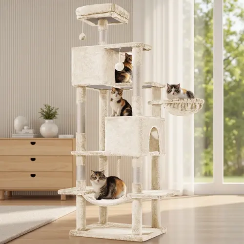Sweetcrispy Multi-Cat Tree Tower - Natural Sisal Scratcher, Reinforced Base, 44lb Capacity, Anti-Tip Accessories, Condo, Extended Platform, Hammock, Pet House with Vertical Exploration Support for Indoor Cats & Kittens, Provides Vertical Exploration