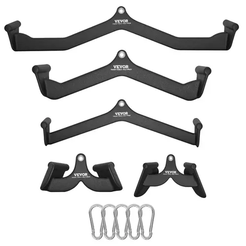 VEVOR 5 Handle Workout Set - Solid Steel Lat Pulldown System, Gym Accessories, T-Bar, V-Bar, Tricep Handle, Bicep Curl Grip, Multi-Size Ergonomic Round Rod Grip, Rubber Coated, Back+Tricep+Bi Pull for Home Gym