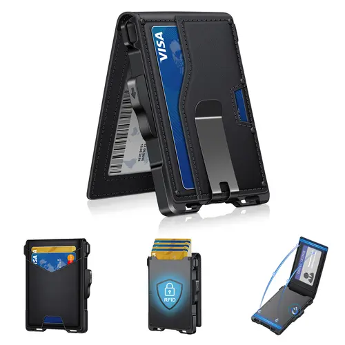Men's Minimalist Durable RFID Blocking Aluminum Slim Bifold Wallet - Credit Card Holder, ID Window, Money Clip, PU Material, Extra Security for Cash, Practical Features (TikTok Shop Back to School)