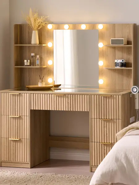 [Summerwins] AMERLIFE 36.2/47.2" Fluted Vanity Desk with Mirror and Adjustable LED Lights, Large 4/7 Drawers Makeup Table with Glass Top and Charging Station for Women and Girls, Bedroom or Dorm/Best Gift Ideas/Christmas Gifts