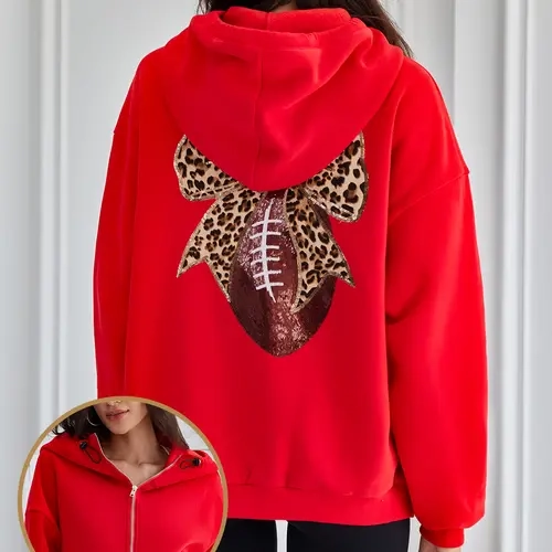 Women's Gameday Football Sequin Oversized Half Zip Fleece Pullover   Hoodies Long Sleeve Fashion Half Zip Sweatshirt Fallfreshness Winter 2025 Fit Womenswear