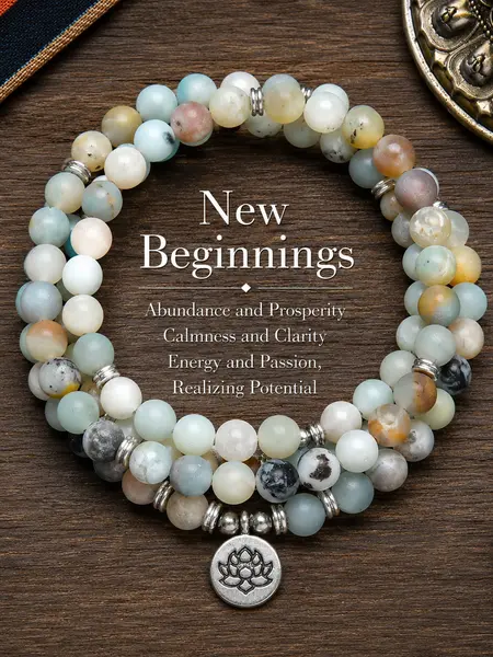 ARPURRAINA 8mm Genuine Amazonite 108 Mala Beads - Unisex Elegant Genuine Stone Wrap Bracelet with Lotus Buddha Gemstone Charm, Long Chain Sweater Chain, Easy to Wear Meditation Yoga Jewelry, Ideal Gift for Women