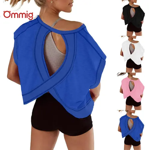 Ommig Women's Regular Sizes Open-Back Slouchy Crop Top - Soft Lightweight Fitness Apparel with Wide Neck, Short Sleeves, Rib Cuff Detail; Casual Running Tops for Gym Wear