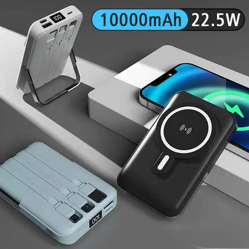 This magnetic portable charger features a built-in data cable, a 10000mAh power bank, a USB-C battery pack, and is an essential travel power bank compatible with iPhones, Android devices, and more.