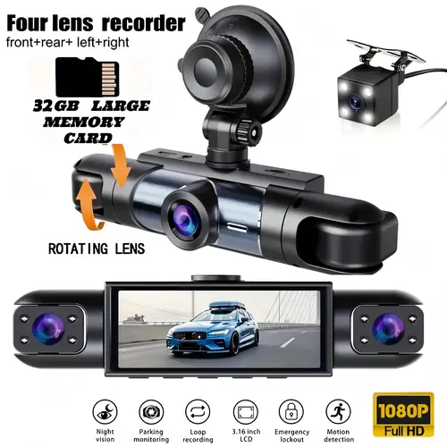 Nuokaiqi 4-Channel Automotive DVR Camera Dashcam - 1080P Front, 720P Left/Right/Rear, 3.16 Inch Display, Night-Clear Vision, Motion Detect, Loop Recording, USB-C HD Security Camera, Vehicle Accessory for Cars, Minivans