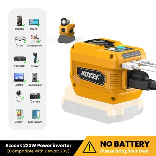 【No Battery】Azocek 220W Power Inverter for DeWalts 20V Battery | DC to AC Portable Generator | 1 AC Outlet, 2 USB QC, 1 Type-C for Laptop & Phone Fast Charging | 400LM LED Work Light | Camping / Outdoor / Emergency Power