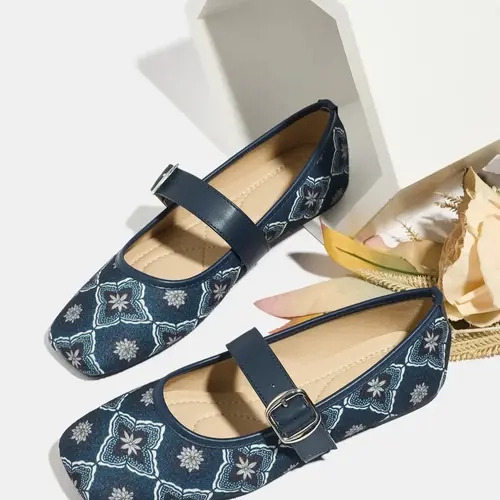 Women's Fashion Casual Flat Shoes, Square Toe Buckle Strap Low Heel Vintage Style Shoes, Comfortable Mary Jane Flats for Casual Daily & Dancing, Rubber Sole Footwear