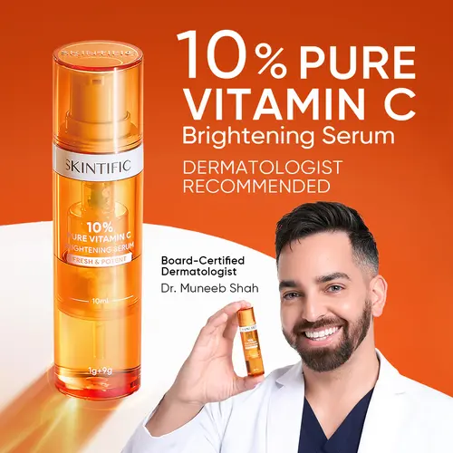 [SKINTIFIC] Pure Vitamin C Brightening Serum for face with 10% L-Ascorbic Acid, Fades Dark Spots, Evens Skin Tone, Boosts Radiance, Duo Chamber Fresh Lock Technology, Glow C + Brightenyl