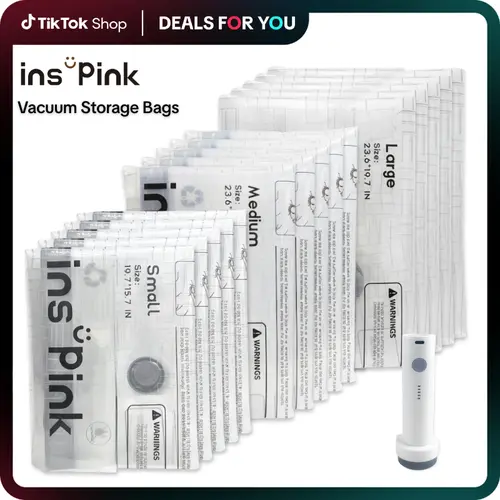 Inspink Reusable Compression Storage Bags 15-Pack Set with 25W Wireless Rechargeable Vacuum Pump - Auto 120s Shutoff, Compact, Portable, Lightweight, Leakproof, Waterproof, Durable Organizer Pouch, Clutter-Free Business Home Organizer (80% Space Savings),
