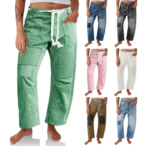 Cicy Bell Women's Baggy Barrel Horseshoe Jeans Wide Leg Patchwork Low Rise Denim Pants with Pockets Streetwear Bottom Fitted Basic Trouser for Stylish Womenswear