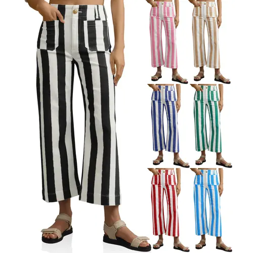 Cicy Bell Womens Cropped Striped Jeans Casual High Waisted Stretchy Straight Leg Denim American flag Pants with Pockets
