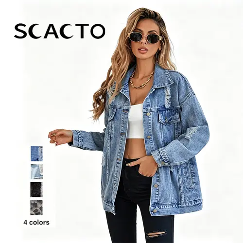 Scacto Women's Retro Denim Jacket - Vintage Distressed Collar, Long Sleeves, Ripped Fringe, Casual Pockets, Soft Buttons, Oversize Fit, Comfortable Jean Fabric Outerwear for Dating, New Year, All-Season Use