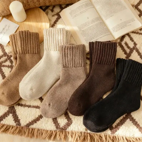 Women's 5 Pairs Solid Mid-calf Socks Soft Comfy Warm for Fall Winter Everyday Wear Non-slip Ribbed Cuffs Reinforced Heel Toe
