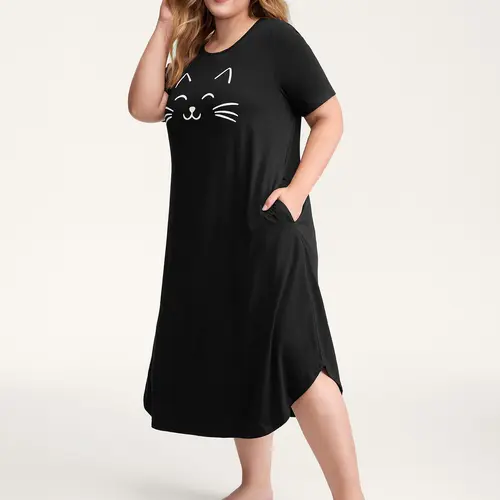 BloomChic Happy Cat Print Stretchy Contrast Nightgown 【M-6XL】