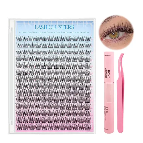 Lash Clusters Kit, 168Pcs 9-12mm 100% Handmade Wispy 0.05mm Lightweight Individual Eyelash Clusters with Bond, Seal, Tweezers & Applicator for Beginners, Gentle Beauty Makeup Tools