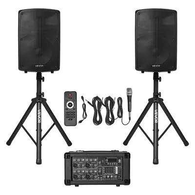 VEVOR Professional PA System,  800W Powered, Sound System Set with 6 Channel Mixer, Dual Speakers, Wireless Bluetooth, Microphone, Compact Stands, USB SD XLR Inputs, Remote Control, for DJs Events