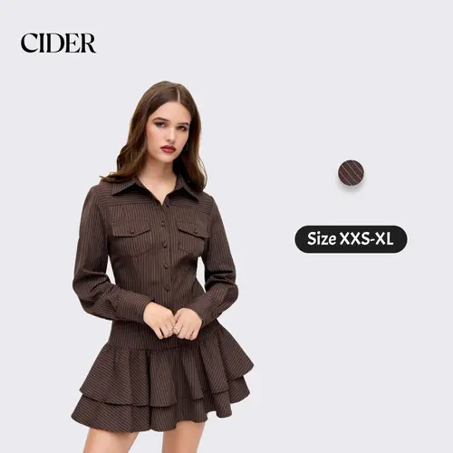 Cider Mini Dress – Preppy Academia Aesthetic Women's Office Work Daily Casual Gown, Striped Button Up Layered Ruffle Hem Long Sleeve Dress for